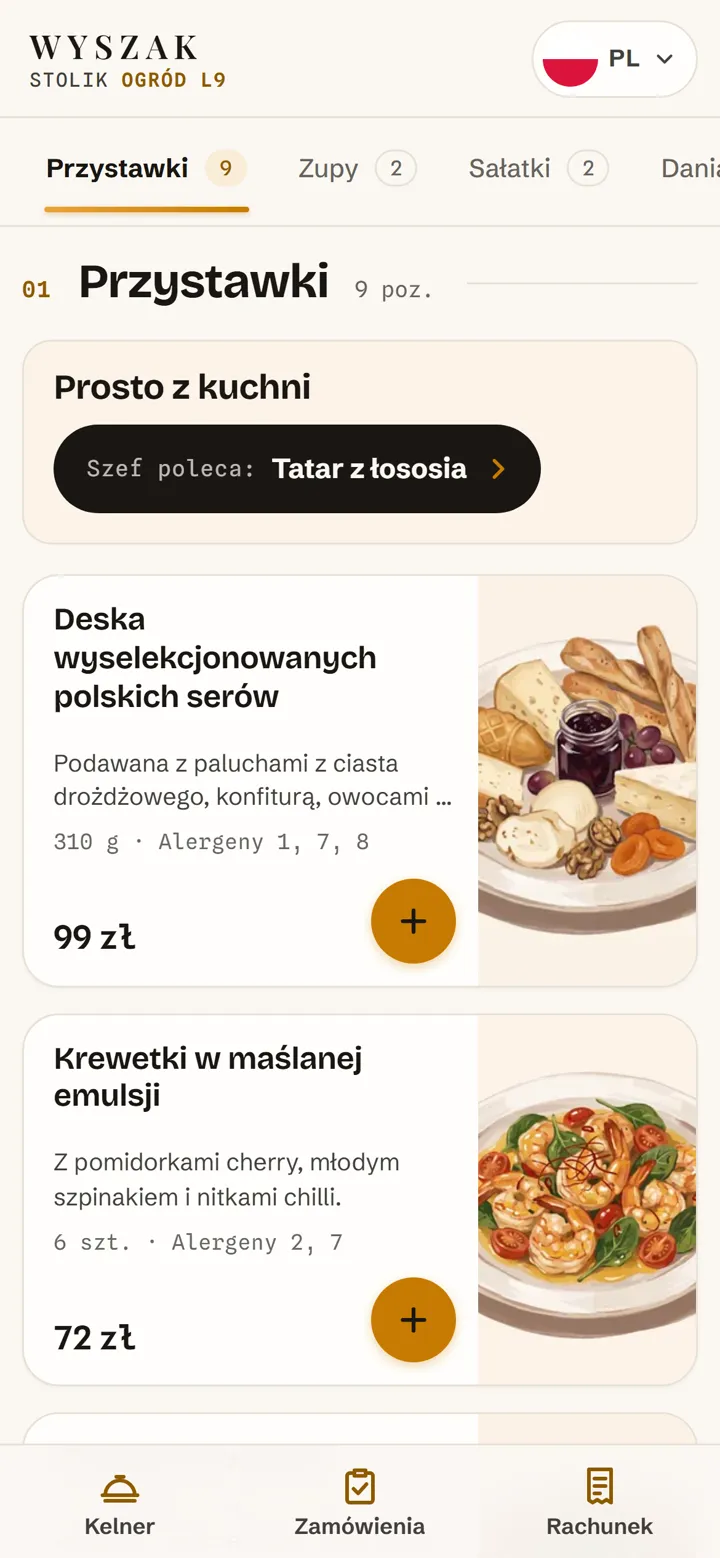 Karta Wyszaka na telefonie gościa, otwarta z kodu QR na stole