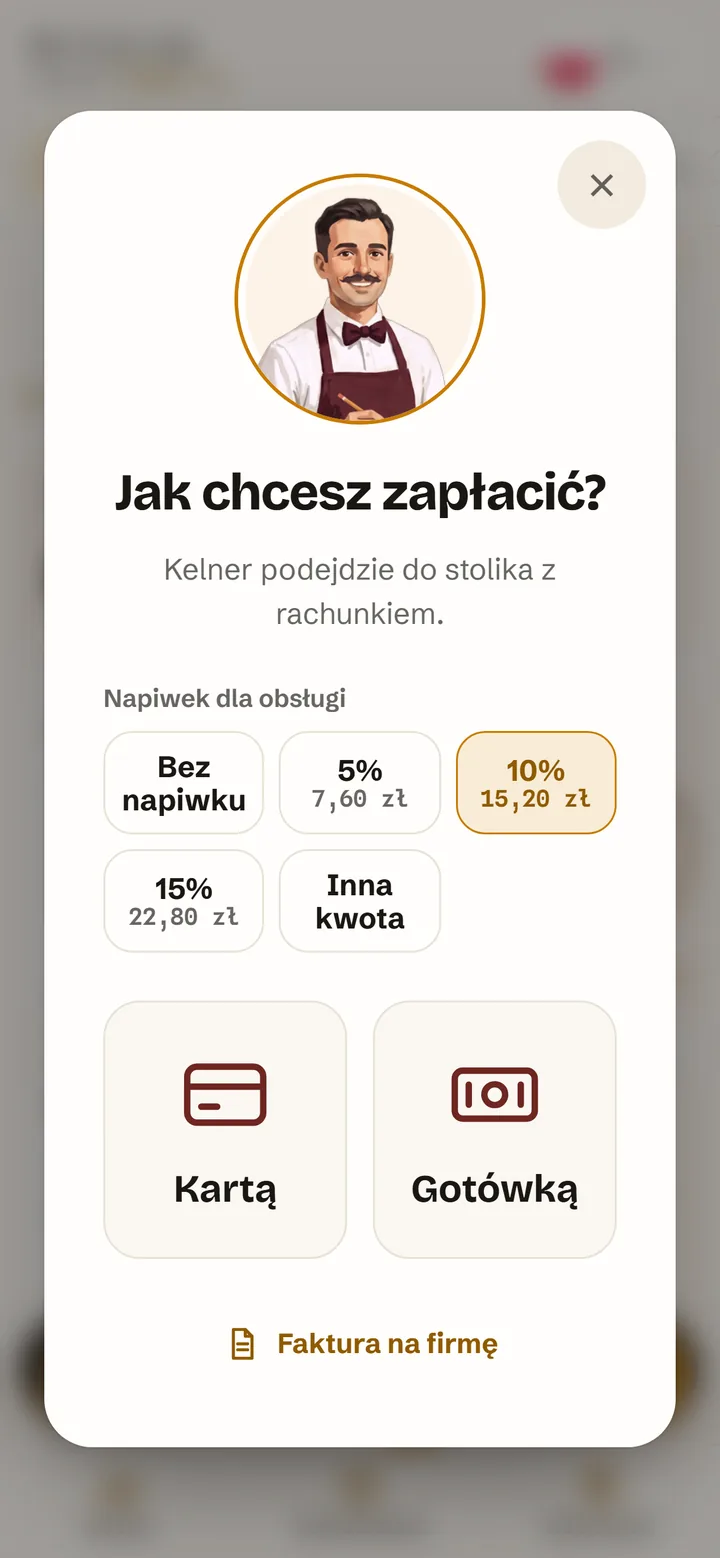 Prośba o rachunek na telefonie: napiwek 5, 10 albo 15% z kwotą, płatność kartą albo gotówką, faktura na firmę